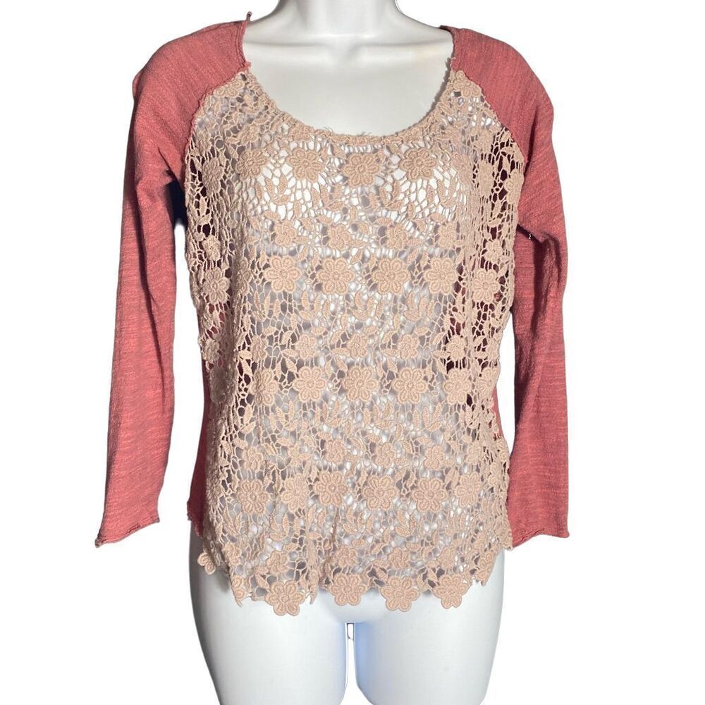 Free People Crochet Lace Front Long Sleeve Top Size M